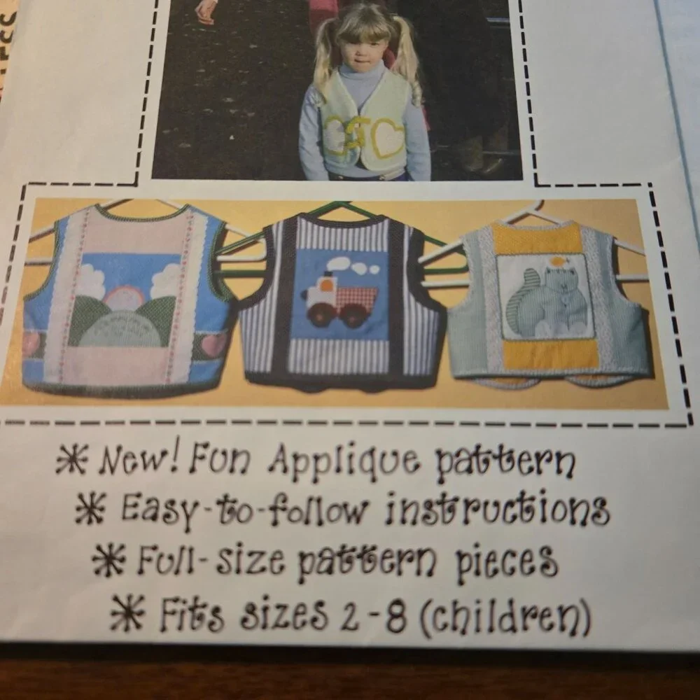 Patch Press Child's Vest sewing pattern Pat Epping 70s Applique Cat Sun